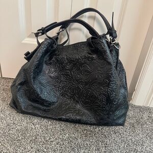 Isadora Italy Black Tooled Genuine Leather Large Bag Tote Purse EUC